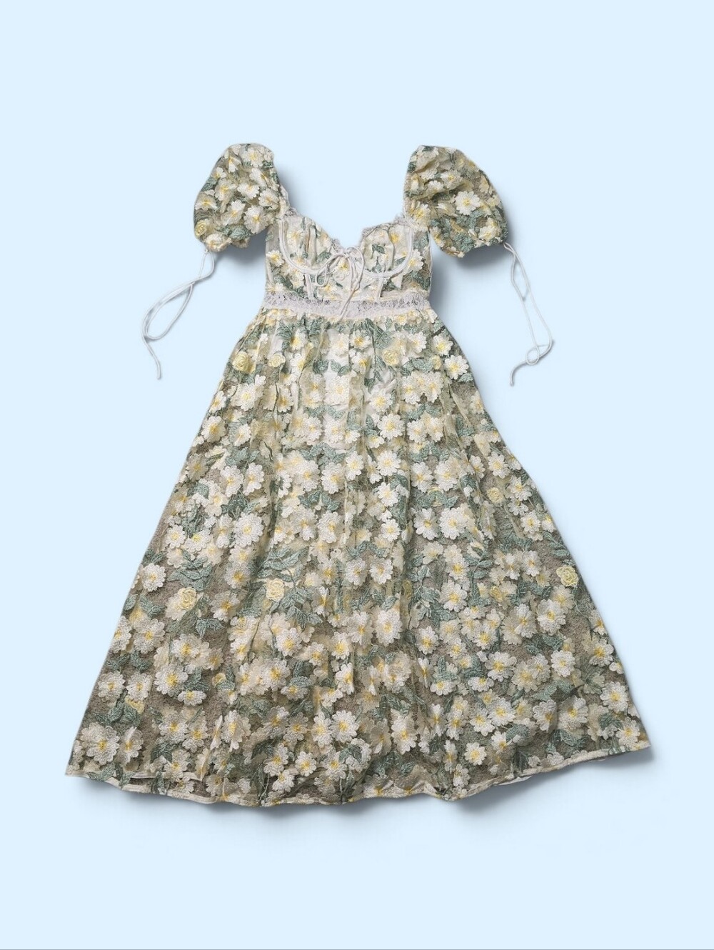 For Love And Lemons Floral Puff-Sleeve Costume Dress in Green and Cream